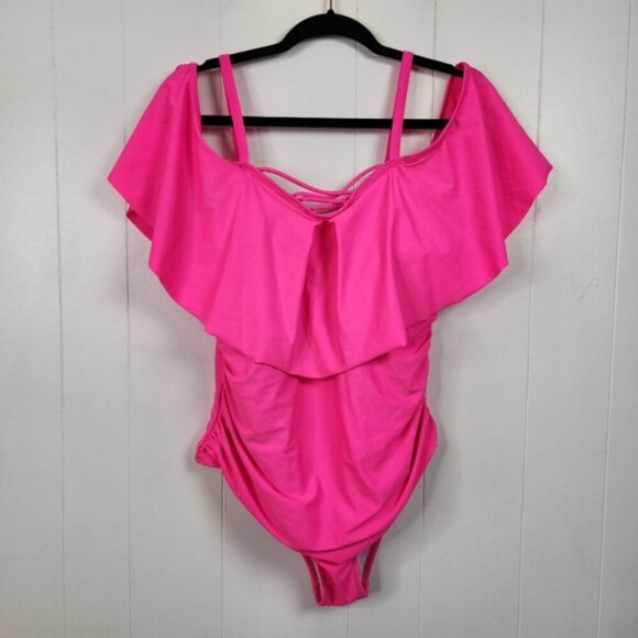 Shein Pink Off Shoulder One Piece Swimsuit Tummy Control Bathing Suit Ruffle 1X - Picture 5 of 9